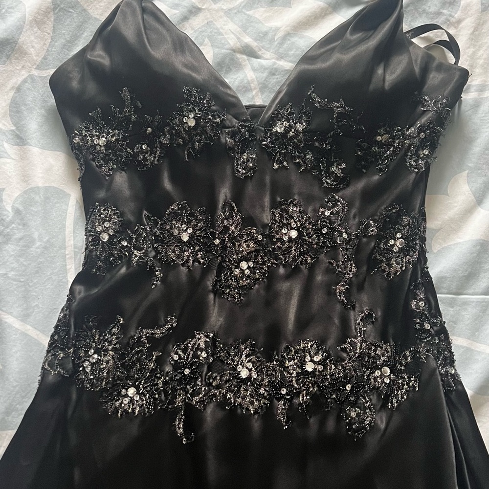 Black Beaded Satin Evening Dress